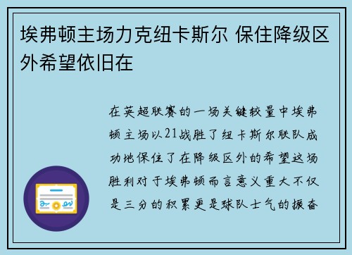 埃弗顿主场力克纽卡斯尔 保住降级区外希望依旧在