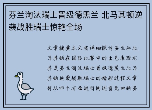 芬兰淘汰瑞士晋级德黑兰 北马其顿逆袭战胜瑞士惊艳全场