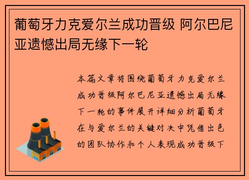 葡萄牙力克爱尔兰成功晋级 阿尔巴尼亚遗憾出局无缘下一轮