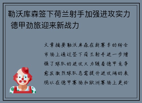 勒沃库森签下荷兰射手加强进攻实力 德甲劲旅迎来新战力