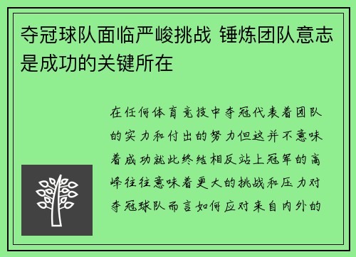 夺冠球队面临严峻挑战 锤炼团队意志是成功的关键所在