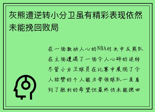 灰熊遭逆转小分卫虽有精彩表现依然未能挽回败局