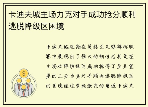 卡迪夫城主场力克对手成功抢分顺利逃脱降级区困境