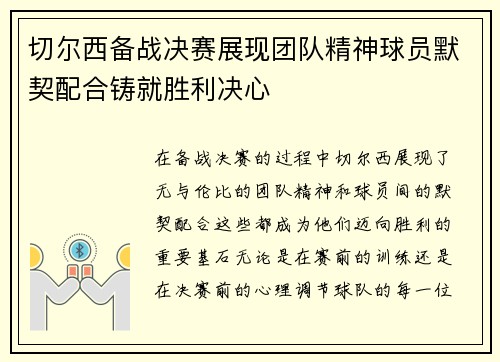 切尔西备战决赛展现团队精神球员默契配合铸就胜利决心